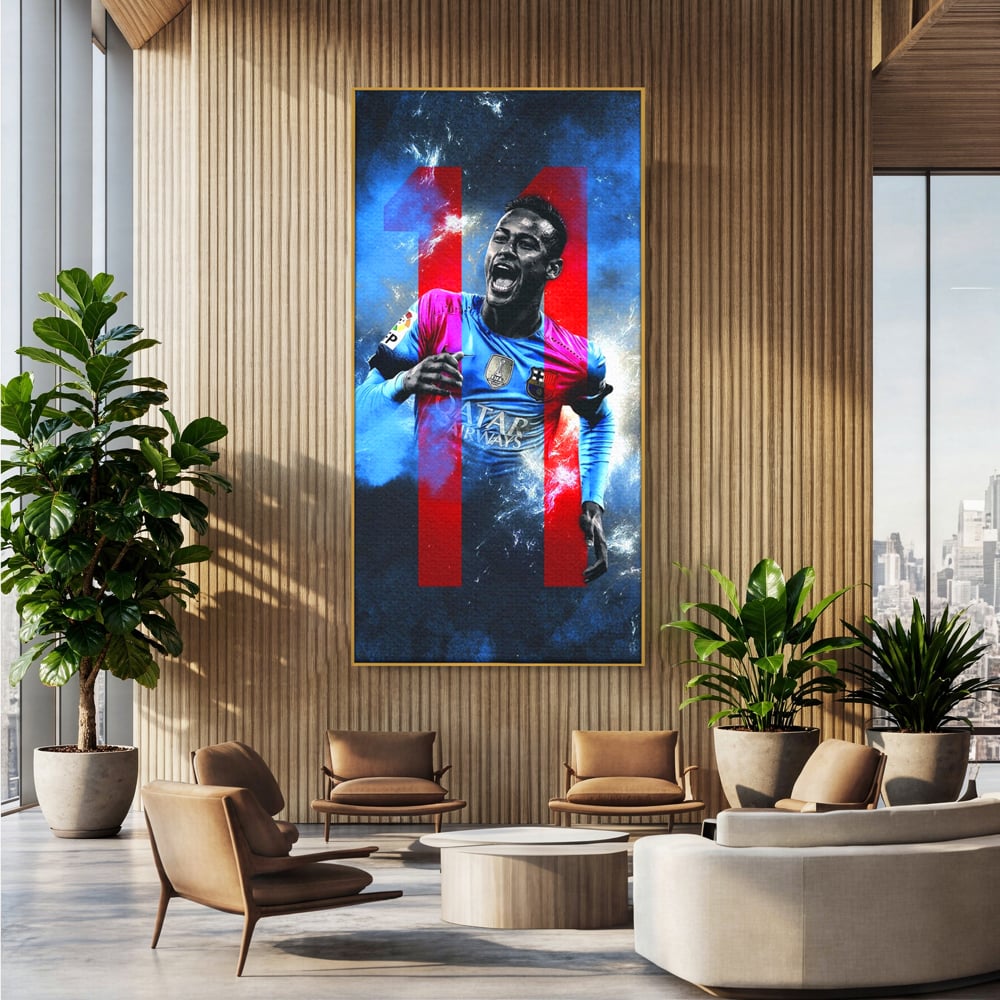 Tablou canvas cu tablou canvas cu fotbalistul neymar, in rama de aluminiu auriu, pe perete intr-un birou